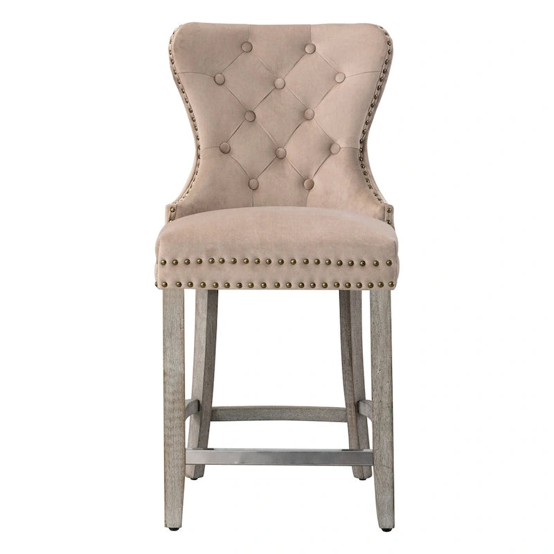 Tabouret de comptoir à dossier haut capitonné avec clous décoratifs et pieds gris antique de 61 cm