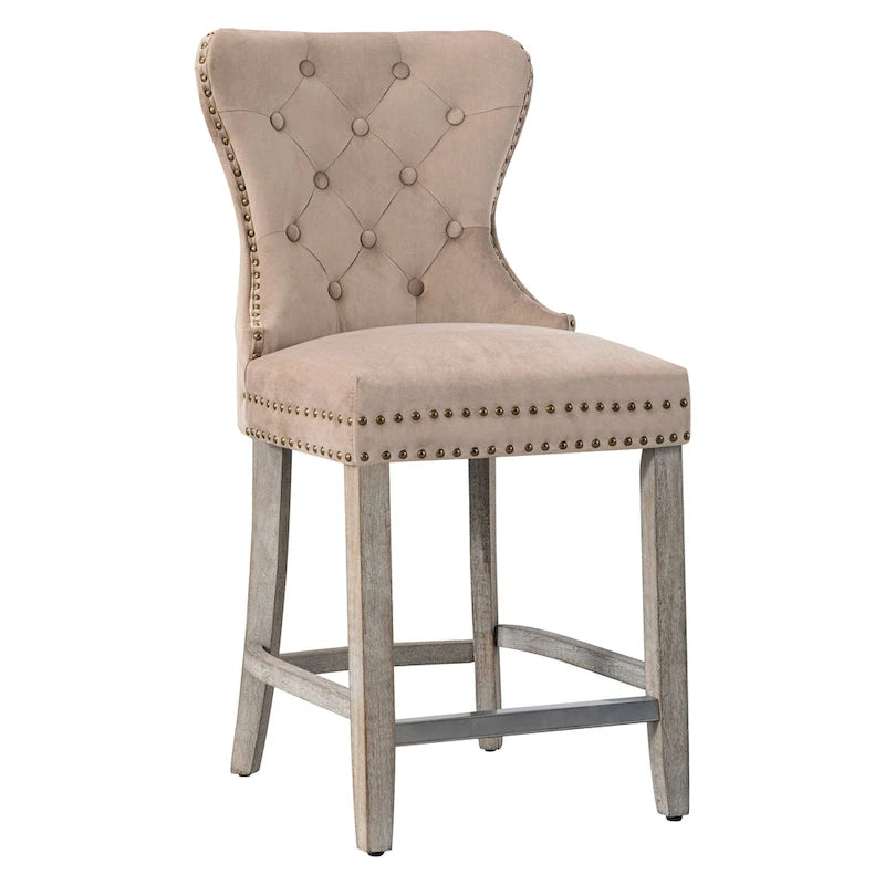 Tabouret de comptoir à dossier haut capitonné avec clous décoratifs et pieds gris antique de 61 cm