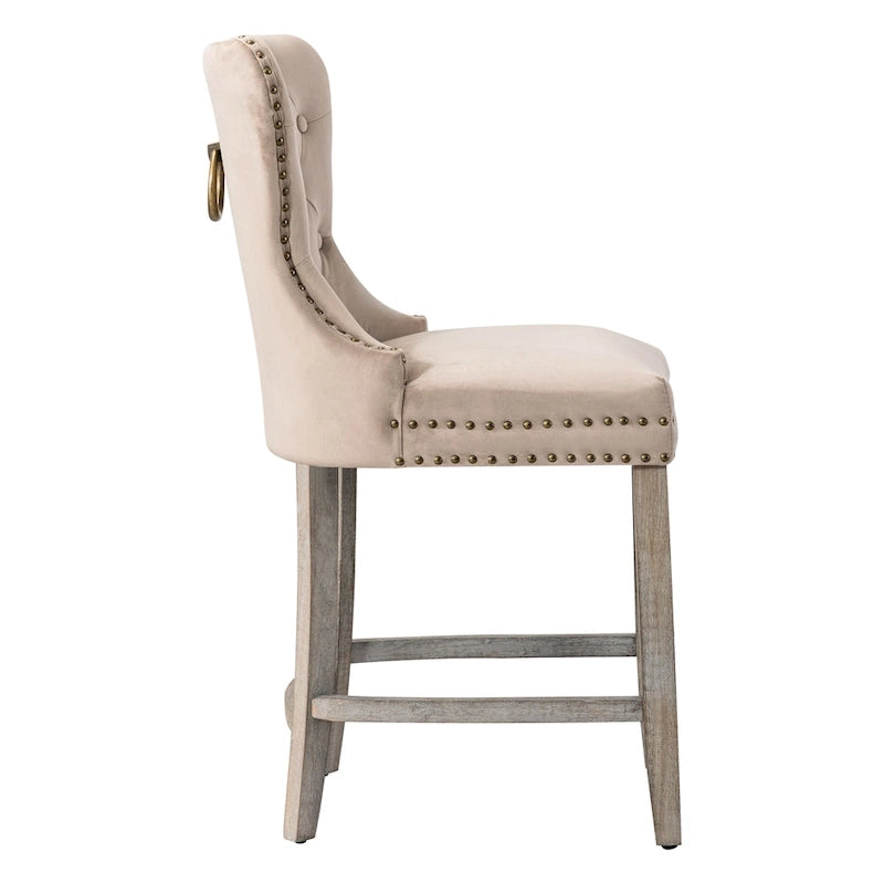 Tabouret de comptoir à dossier haut capitonné avec clous décoratifs et pieds gris antique de 61 cm