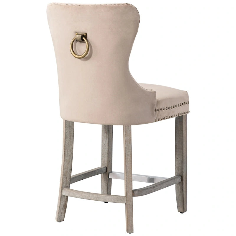 Tabouret de comptoir à dossier haut capitonné avec clous décoratifs et pieds gris antique de 61 cm