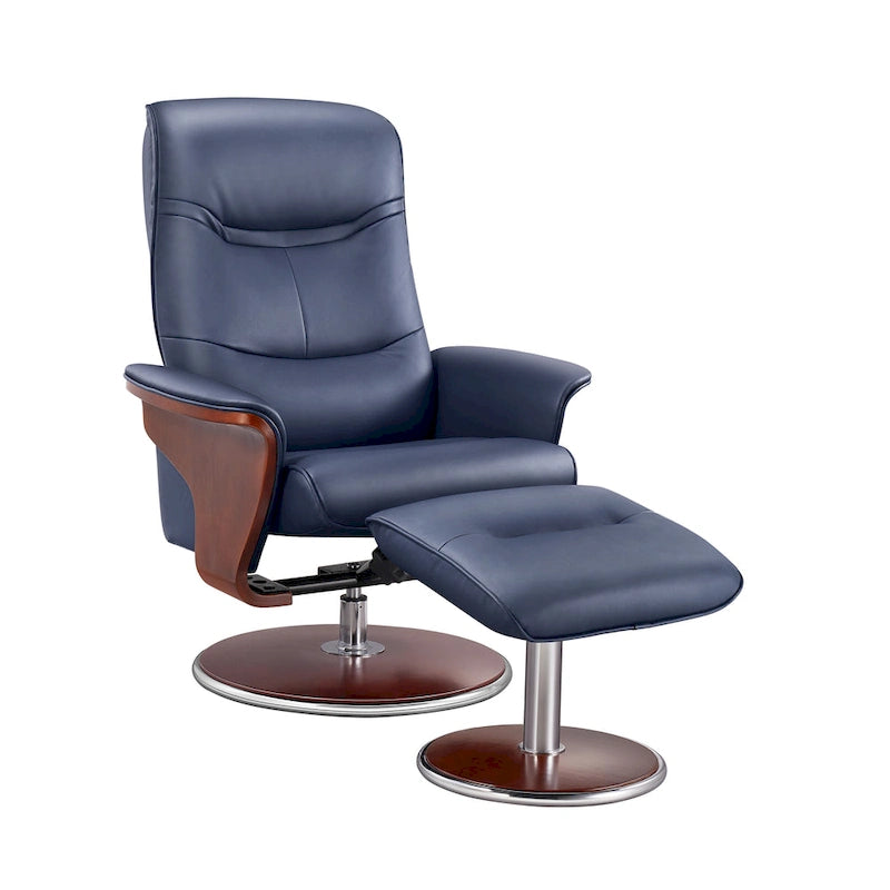 Fauteuil inclinable avec pouf en cuir synthétique bleu clair