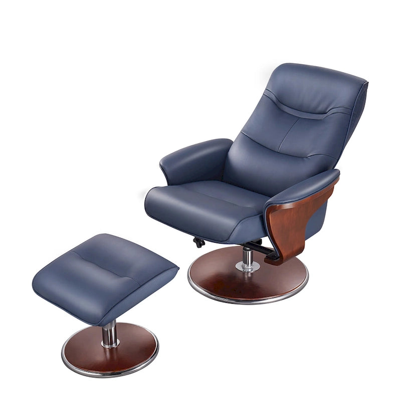 Fauteuil inclinable avec pouf en cuir synthétique bleu clair
