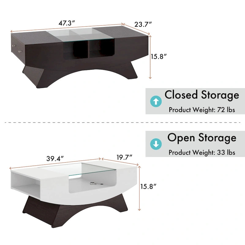 Table basse de rangement contemporaine avec incrustation de verre