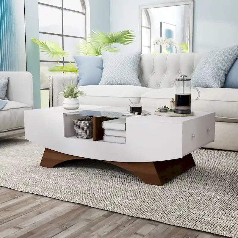 Table basse de rangement contemporaine avec incrustation de verre
