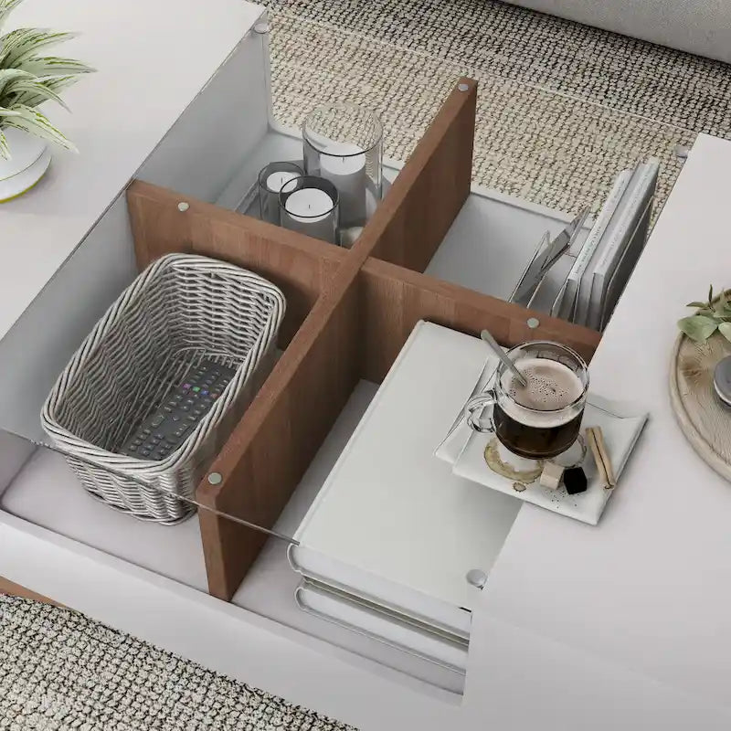 Table basse de rangement contemporaine avec incrustation de verre