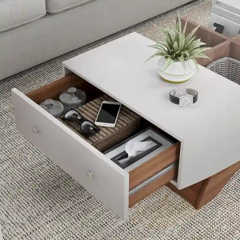 Table basse de rangement contemporaine avec incrustation de verre
