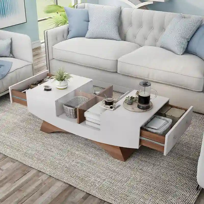 Table basse de rangement contemporaine avec incrustation de verre