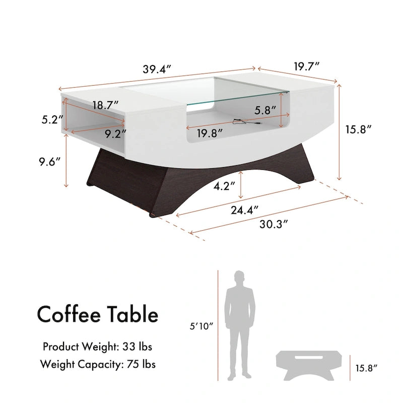 Table basse de rangement contemporaine avec incrustation de verre