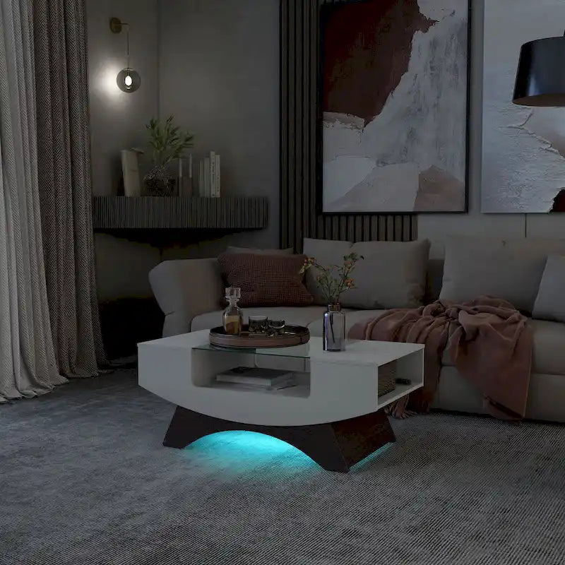 Table basse de rangement contemporaine avec incrustation de verre