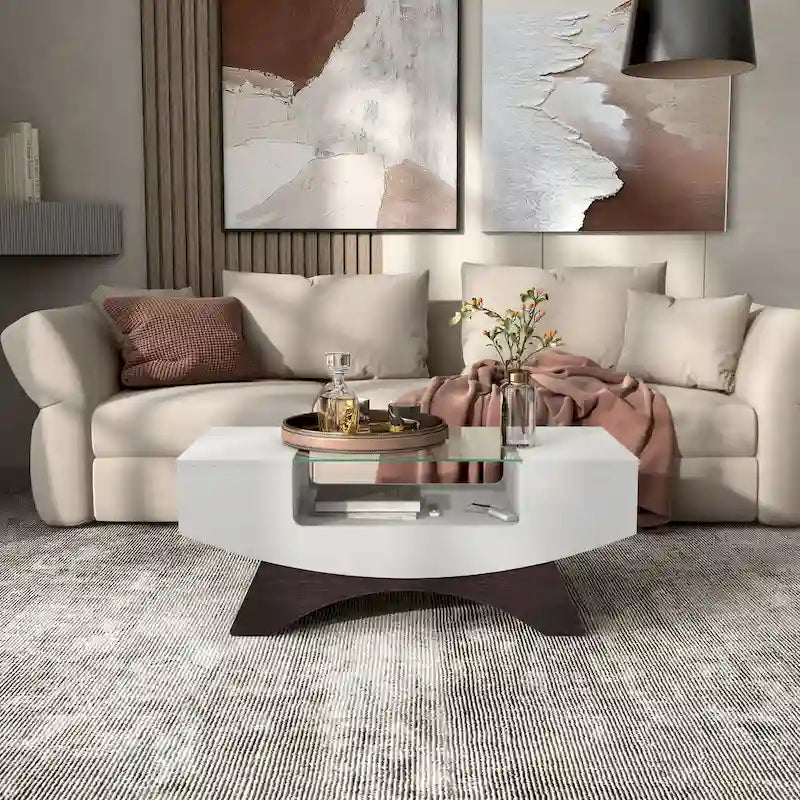 Table basse de rangement contemporaine avec incrustation de verre