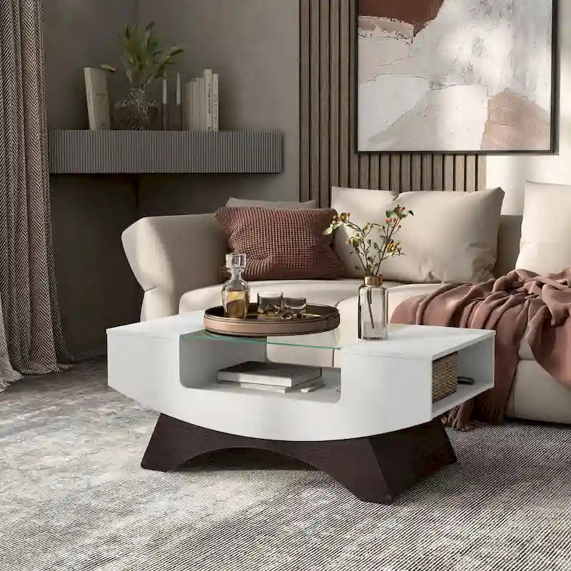 Table basse de rangement contemporaine avec incrustation de verre