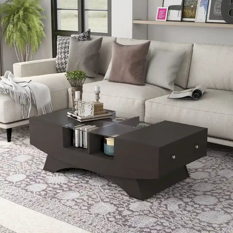 Table basse de rangement contemporaine avec incrustation de verre