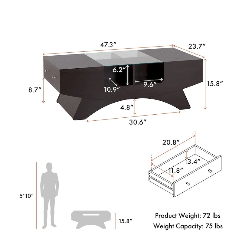 Table basse de rangement contemporaine avec incrustation de verre