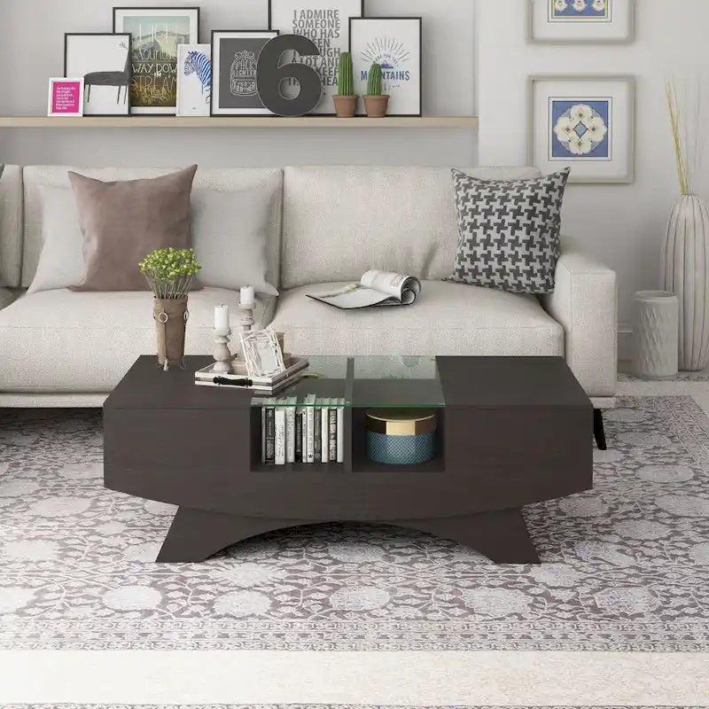 Table basse de rangement contemporaine avec incrustation de verre