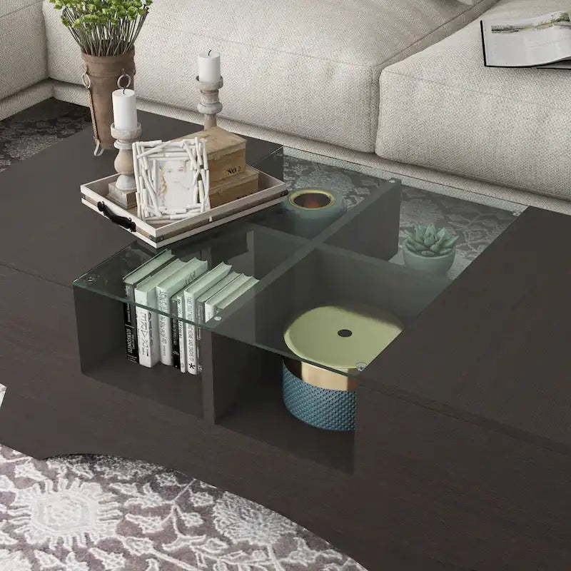 Table basse de rangement contemporaine avec incrustation de verre