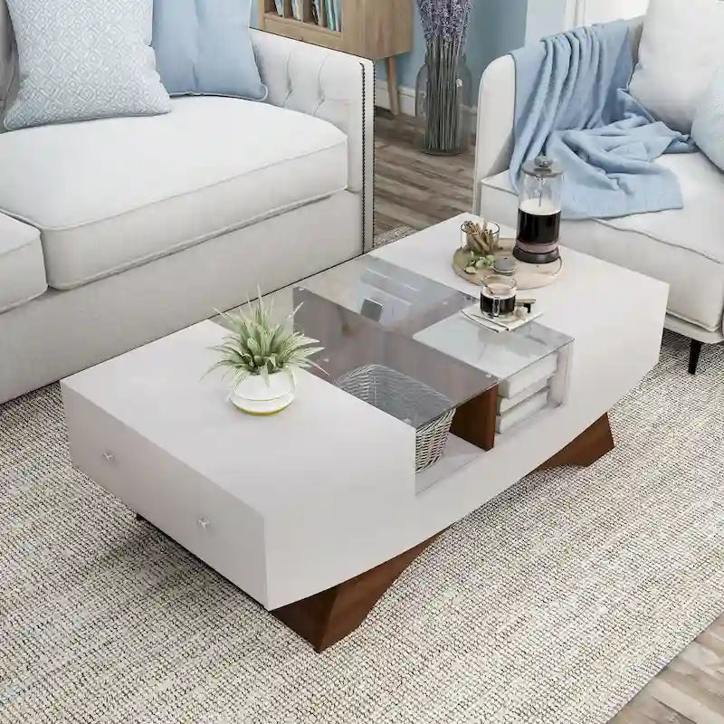 Table basse de rangement contemporaine avec incrustation de verre