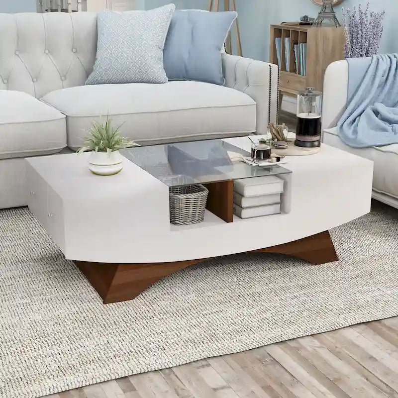 Table basse de rangement contemporaine avec incrustation de verre
