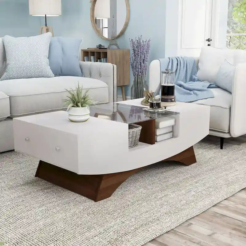 Table basse de rangement contemporaine avec incrustation de verre