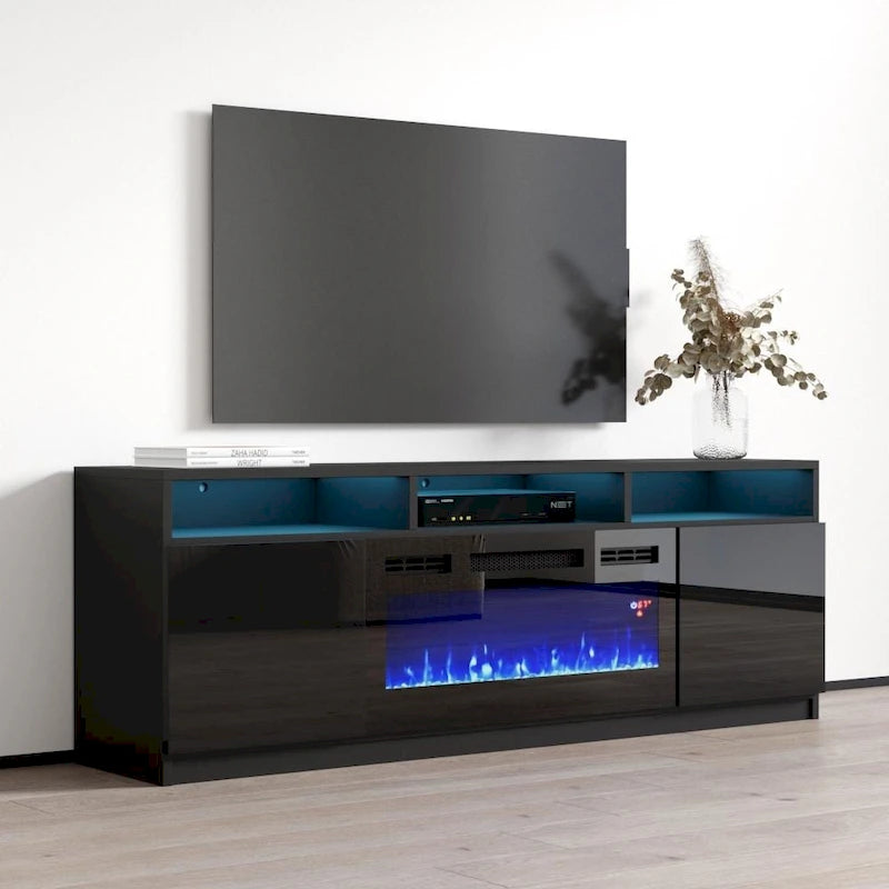 Meuble TV moderne de 160 cm avec cheminée électrique et lumières LED