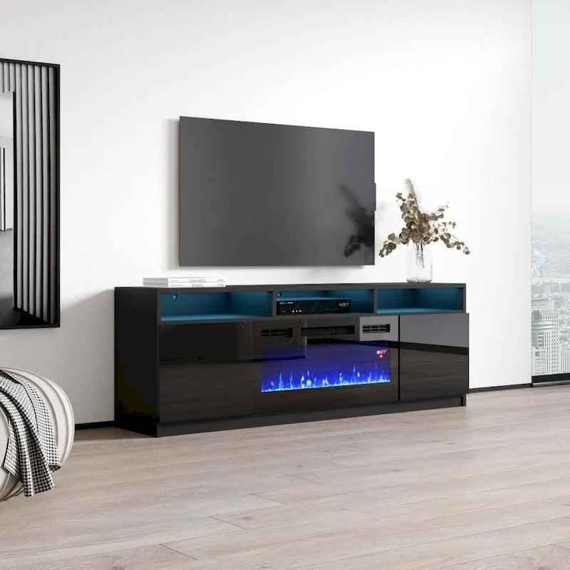 Meuble TV moderne de 160 cm avec cheminée électrique et lumières LED