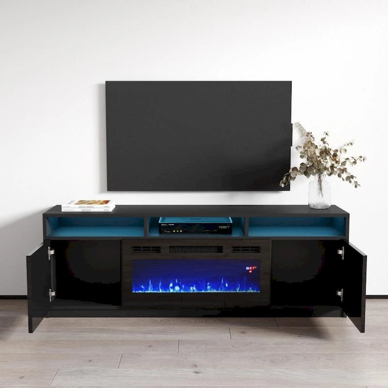 Meuble TV moderne de 160 cm avec cheminée électrique et lumières LED