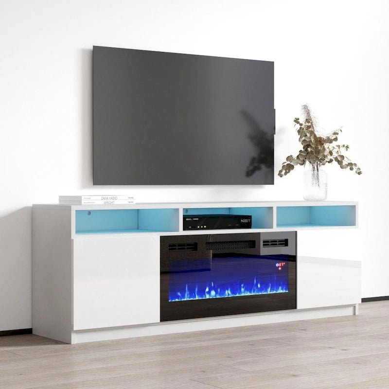 Meuble TV moderne de 160 cm avec cheminée électrique et lumières LED