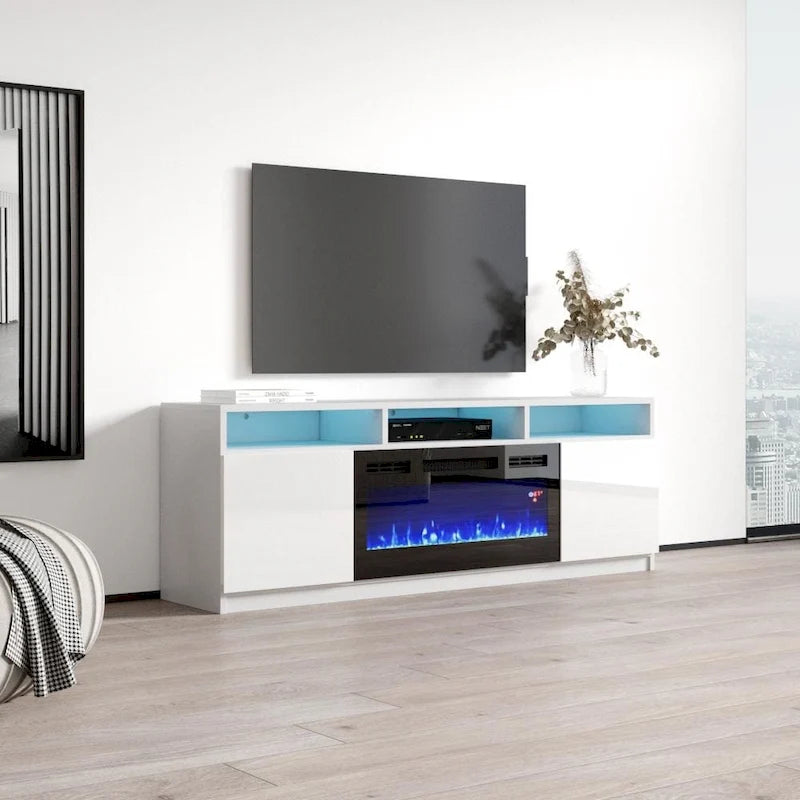 Meuble TV moderne de 160 cm avec cheminée électrique et lumières LED