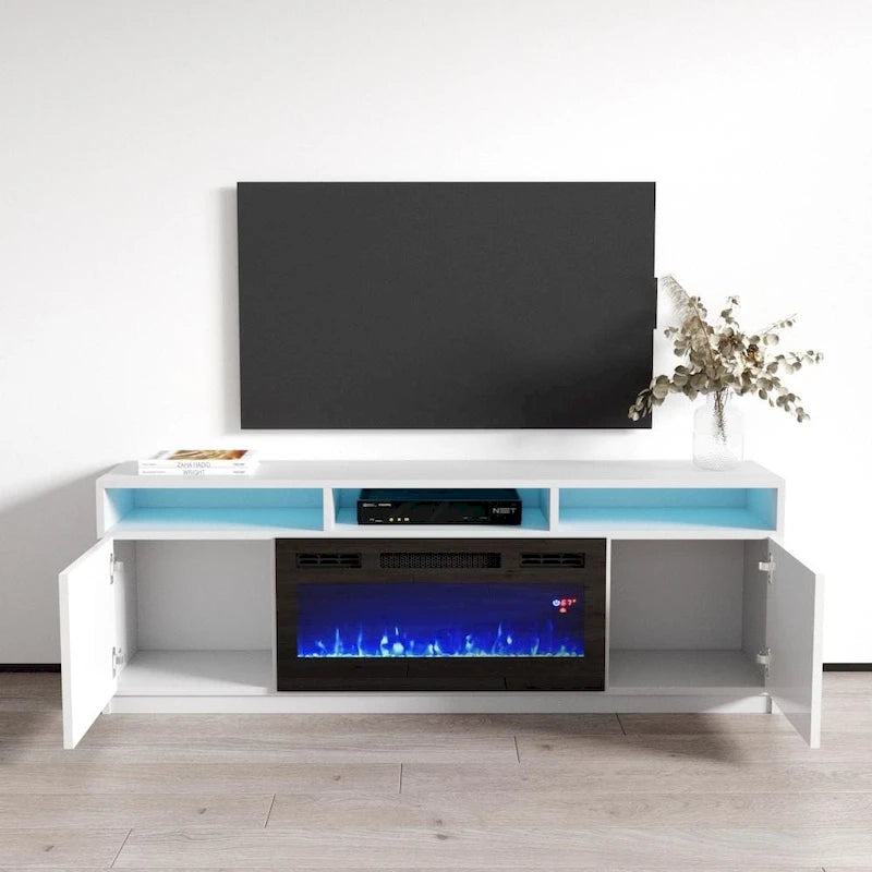 Meuble TV moderne de 160 cm avec cheminée électrique et lumières LED