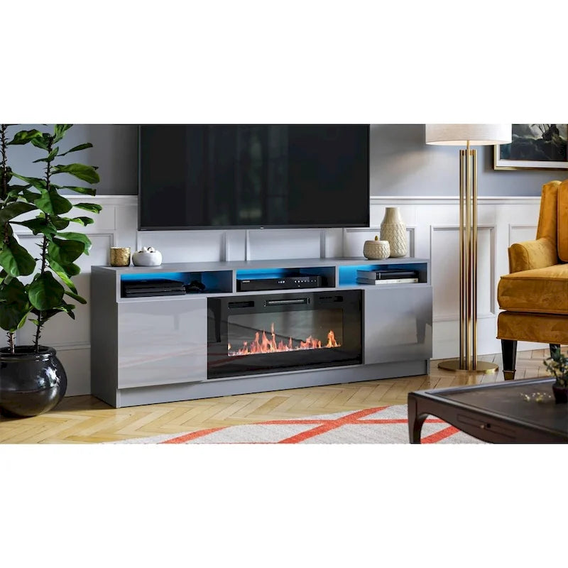Meuble TV moderne de 160 cm avec cheminée électrique et lumières LED