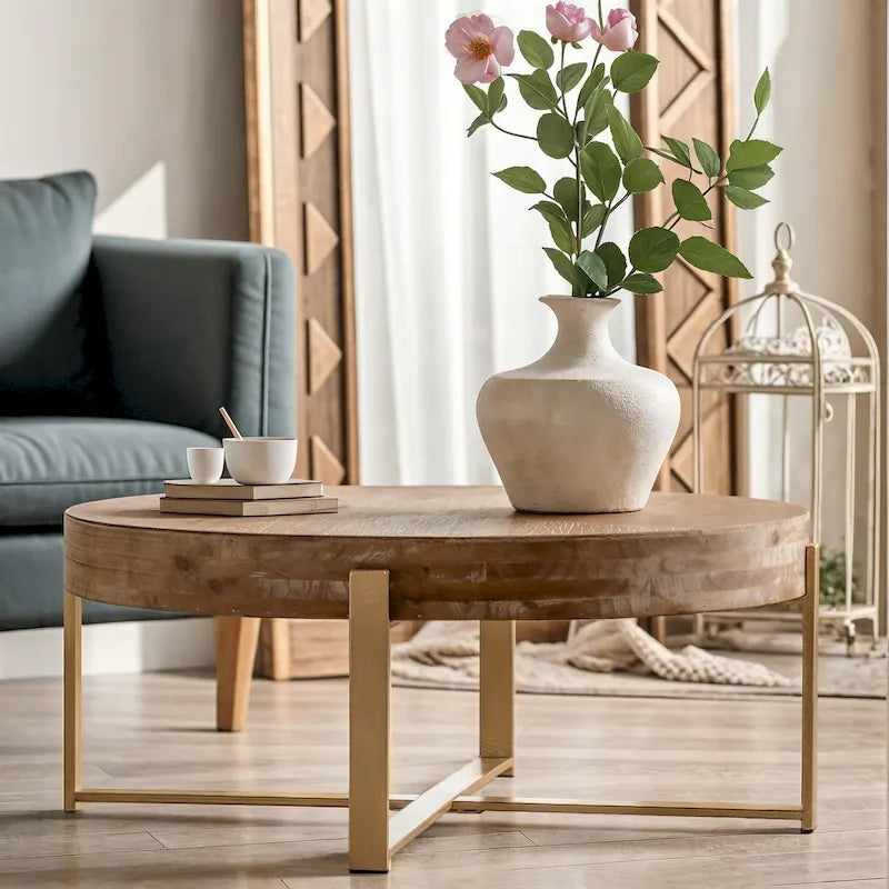 33.86 Table basse ronde en bois moderne rétro avec pieds croisés