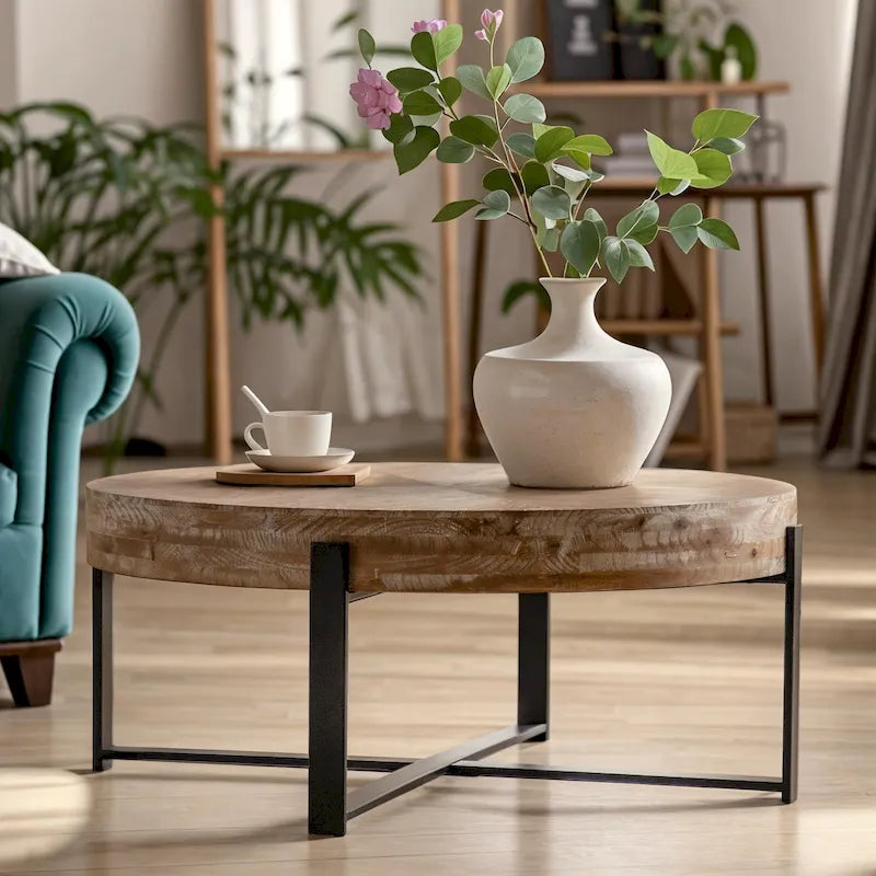 33.86 Table basse ronde en bois moderne rétro avec pieds croisés