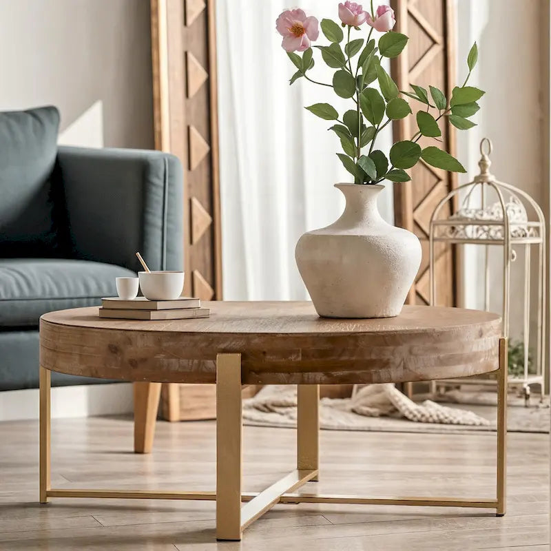 33.86 Table basse ronde en bois moderne rétro avec pieds croisés