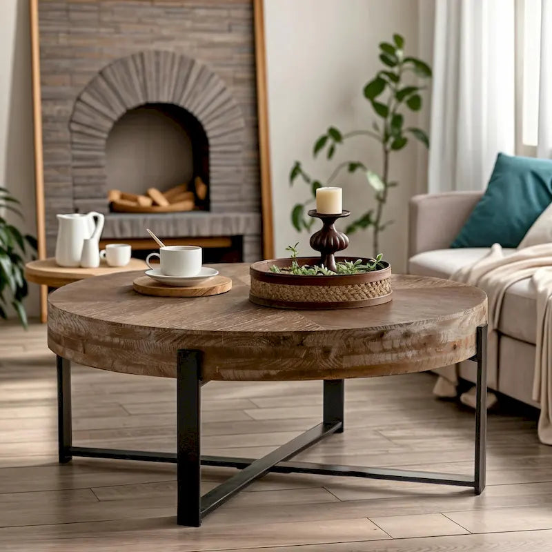 33.86 Table basse ronde en bois moderne rétro avec pieds croisés