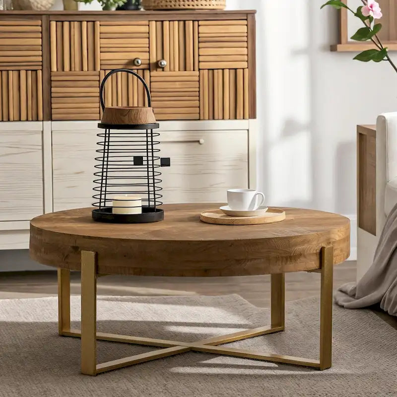 33.86 Table basse ronde en bois moderne rétro avec pieds croisés