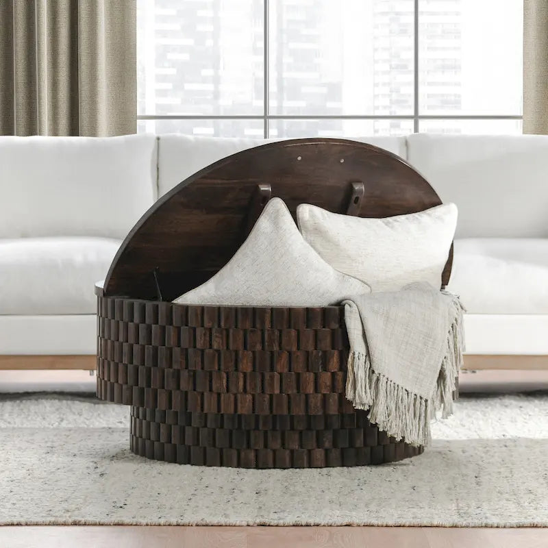 Table basse ronde en manguier de 40" avec rangement intérieur
