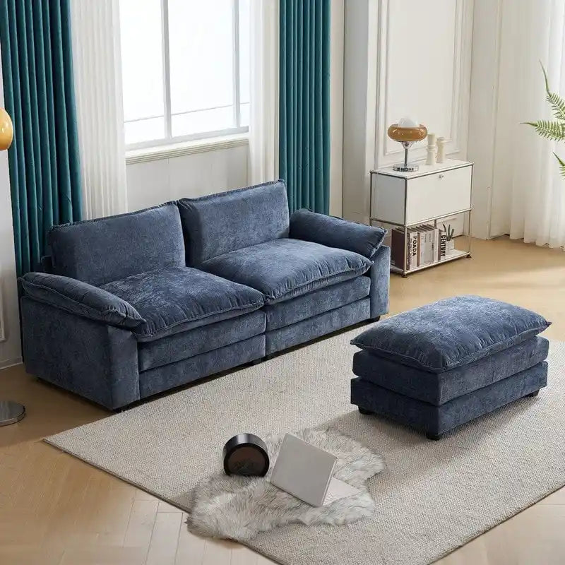 Canapé deux places en chenille avec pouf