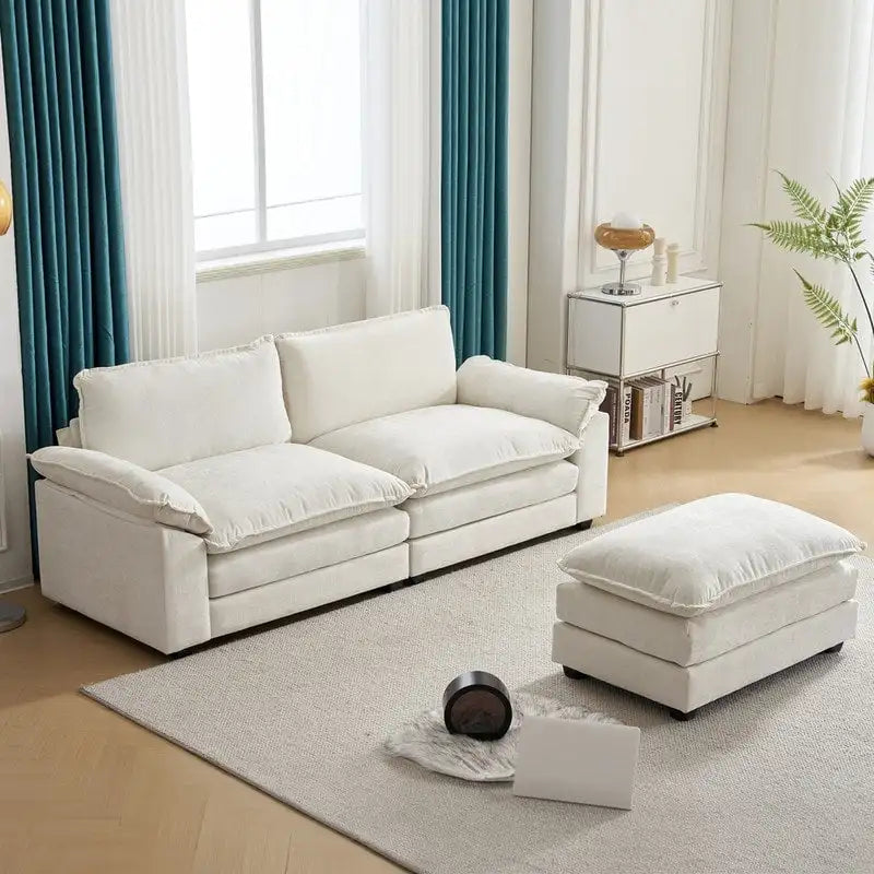 Canapé deux places en chenille avec pouf