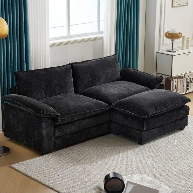Canapé deux places en chenille avec pouf