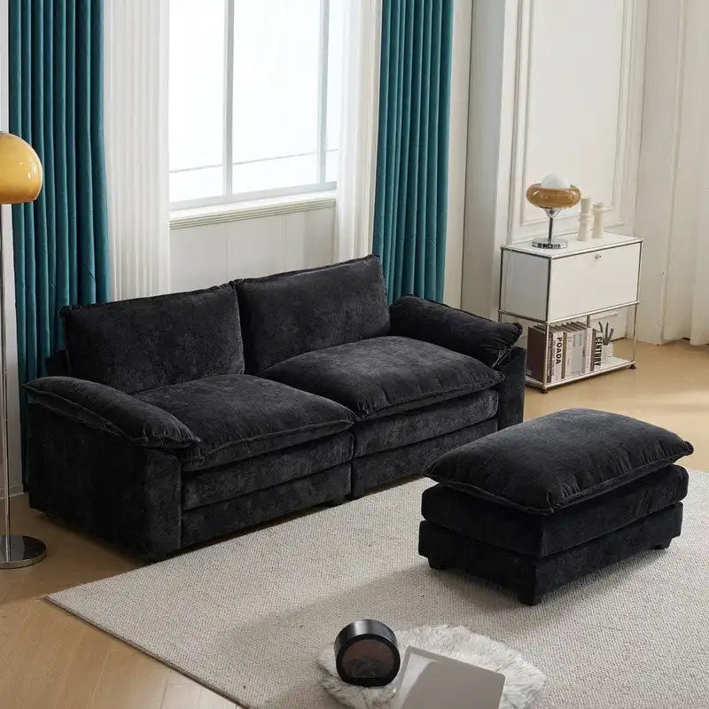 Canapé deux places en chenille avec pouf