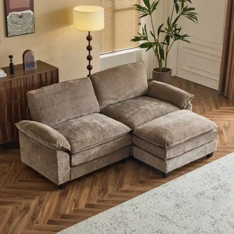Canapé deux places en chenille avec pouf