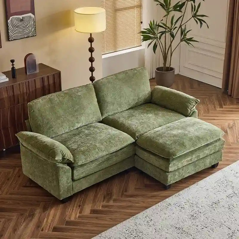 Canapé deux places en chenille avec pouf