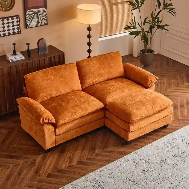 Canapé deux places en chenille avec pouf