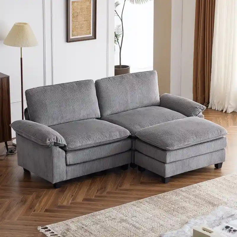 Canapé deux places en chenille avec pouf