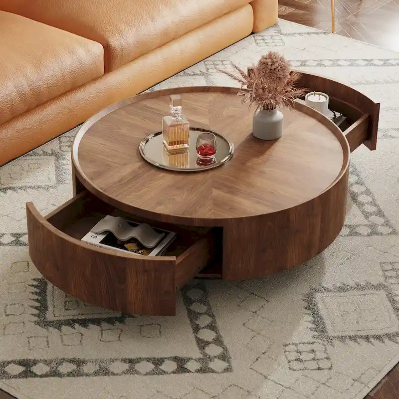 Table basse ronde en noyer de style Mid-Century Modern pour petits espaces et appartements
