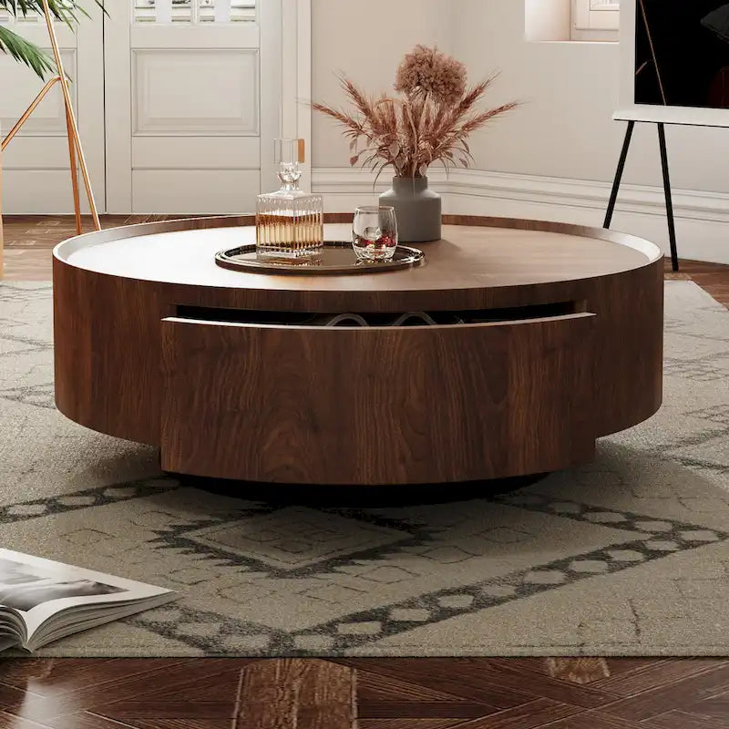 Table basse ronde en noyer de style Mid-Century Modern pour petits espaces et appartements