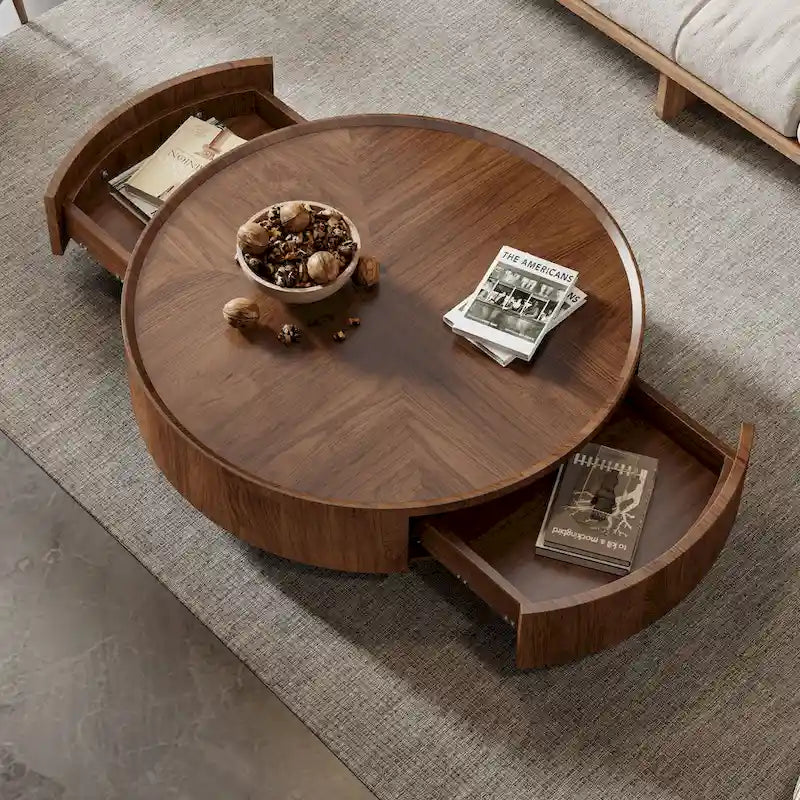 Table basse ronde en noyer de style Mid-Century Modern pour petits espaces et appartements