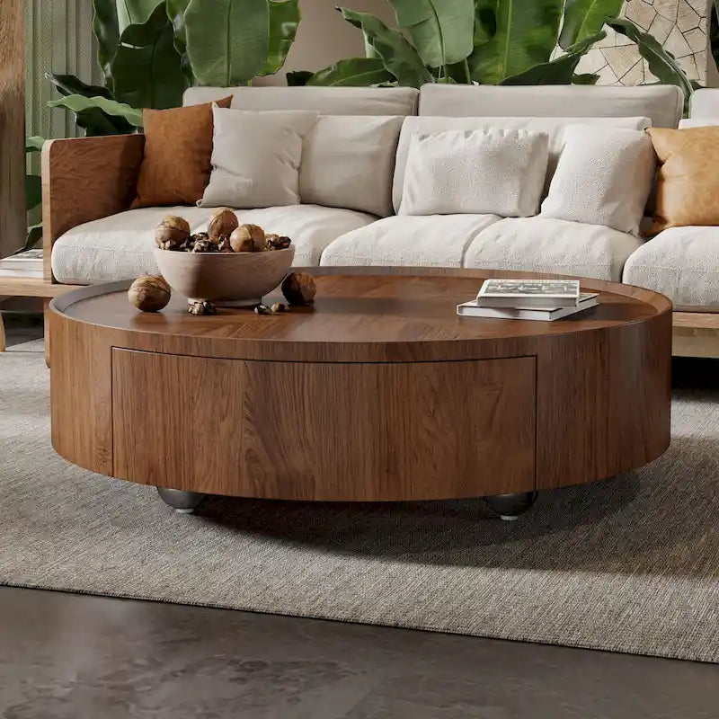 Table basse ronde en noyer de style Mid-Century Modern pour petits espaces et appartements