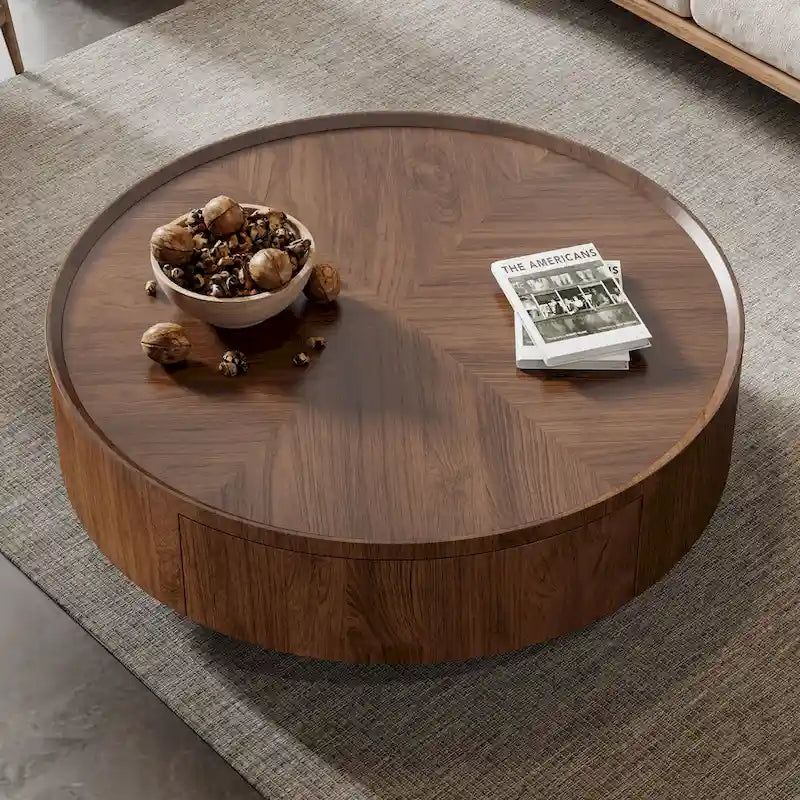 Table basse ronde en noyer de style Mid-Century Modern pour petits espaces et appartements