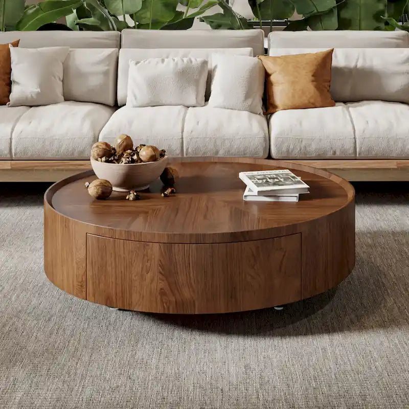 Table basse ronde en noyer de style Mid-Century Modern pour petits espaces et appartements