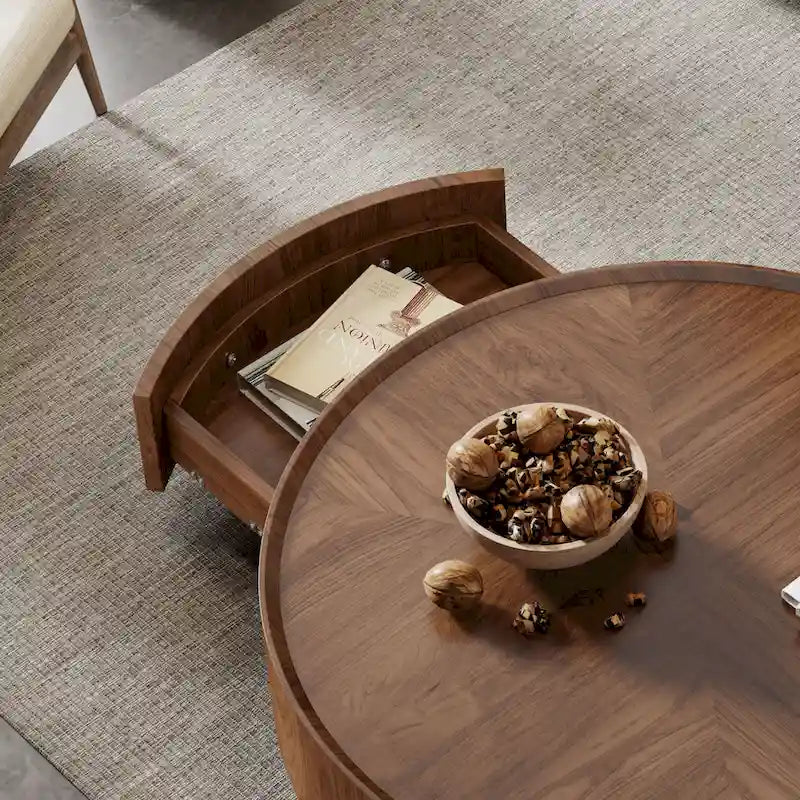 Table basse ronde en noyer de style Mid-Century Modern pour petits espaces et appartements